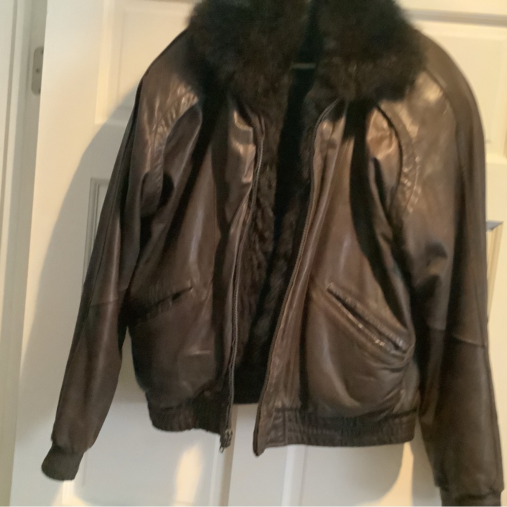 Vintage Andrew Marc Men's Leather Bomber Jacket L Brown Removable Opossum Liner